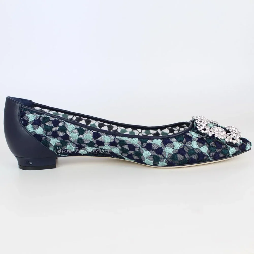 NEW Manolo Blahnik Hangisi Crystal Buckle Lace Flats YWOV EU 39